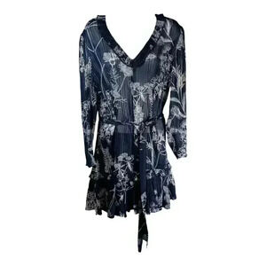 Floral Print V-Neck Long Sleeve Dress with Waist Tie - Black